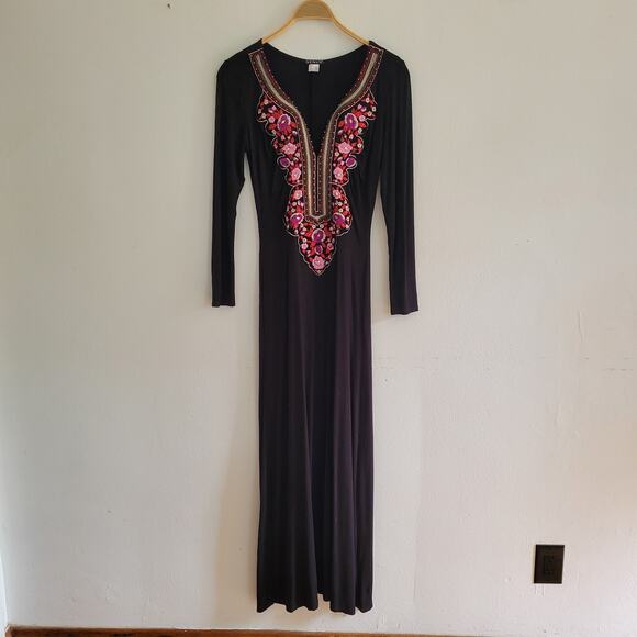 Venus Embroidered Placket Jersey Knit Maxi Dress Split Neck Long Sleeve Hippie - Picture 1 of 5